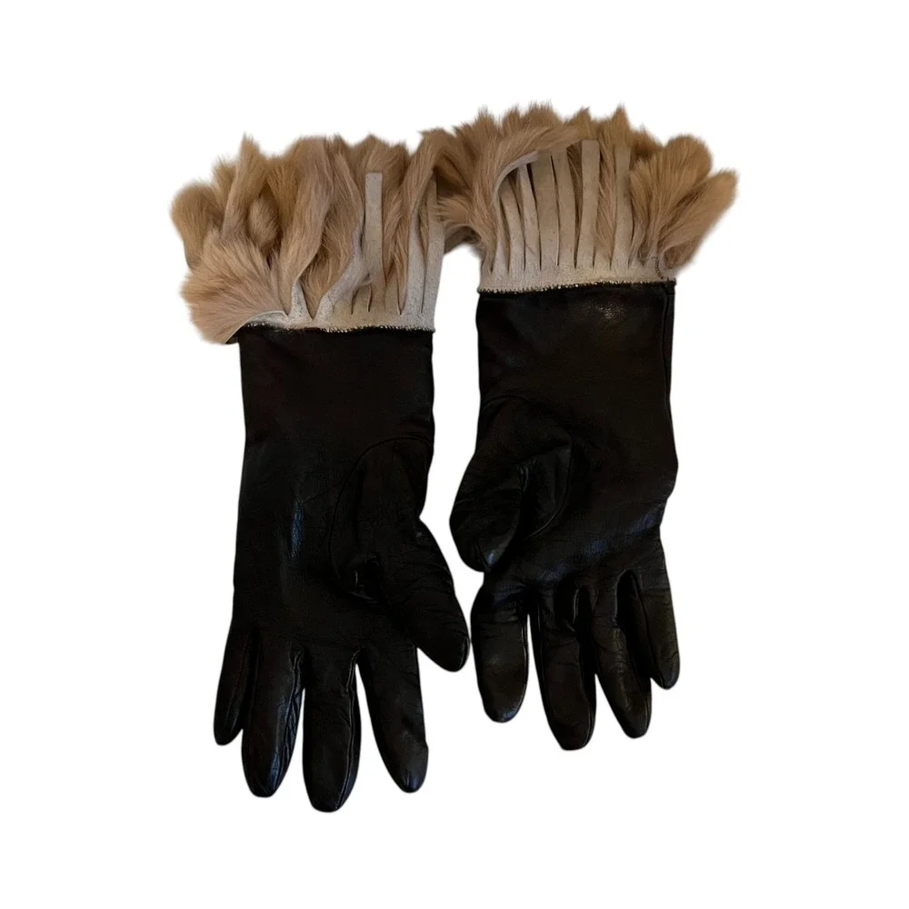 Portolano Brown Italian Leather Gloves Fur Cuff Cashmere Lined Women's Size 6.5